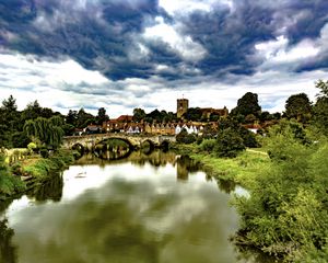 Preview wallpaper village, tower, houses, pond