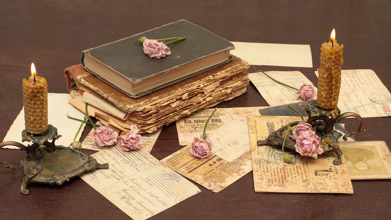 Wallpaper vintage, books, old, flowers, roses, candles, candle holders, letters, cards, paper, table