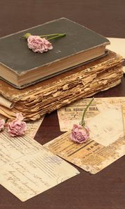 Preview wallpaper vintage, books, old, flowers, roses, candles, candle holders, letters, cards, paper, table