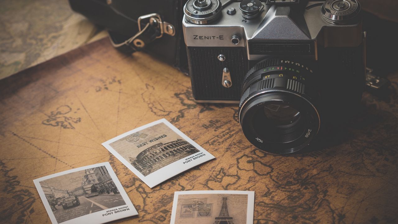 Wallpaper vintage, retro, camera, map, photos, travel