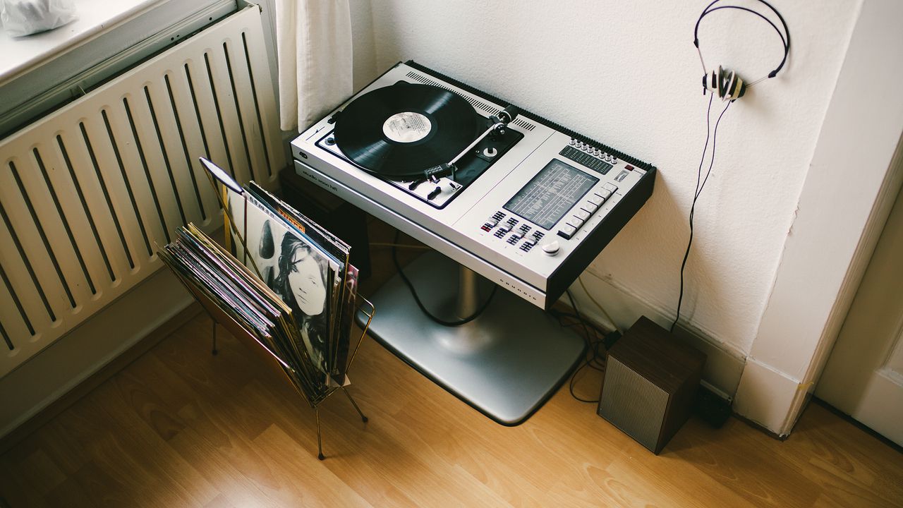 Wallpaper vinyl, turntable, records, headphones