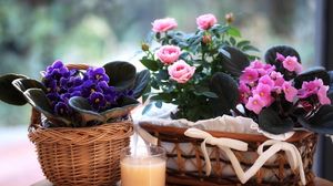 Preview wallpaper violet, blooms, roses, flowers, baskets, glass, drink