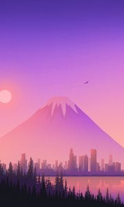 Preview wallpaper volcano, buildings, city, spruce, vector, art