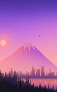 Preview wallpaper volcano, buildings, city, spruce, vector, art