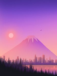 Preview wallpaper volcano, buildings, city, spruce, vector, art