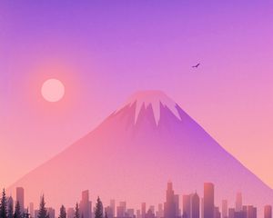 Preview wallpaper volcano, buildings, city, spruce, vector, art