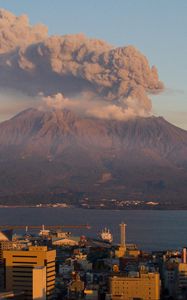 Preview wallpaper volcano, buildings, city, sea, japan