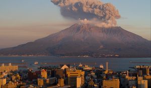 Preview wallpaper volcano, buildings, city, sea, japan