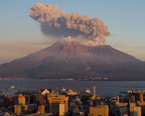 Preview wallpaper volcano, buildings, city, sea, japan