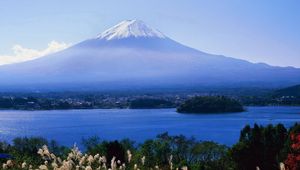 Preview wallpaper volcano, clouds, coast, top, city, water, grass