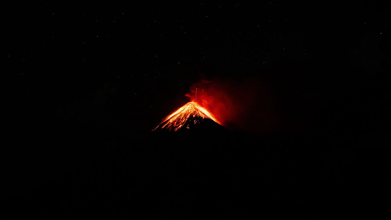 Wallpaper volcano, crater, eruption, night, dark
