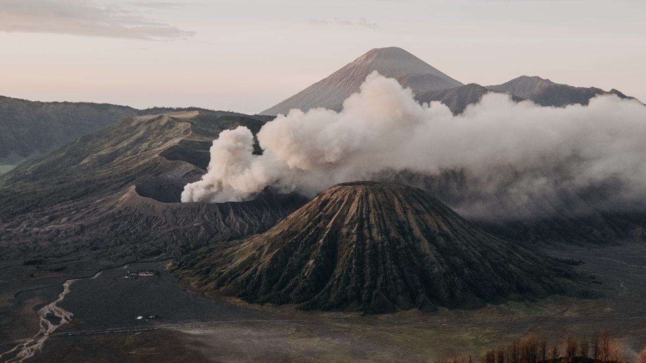 Wallpaper volcano, craters, smoke, eruption, relief, volcanic