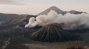 Preview wallpaper volcano, craters, smoke, eruption, relief, volcanic