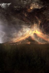 Preview wallpaper volcano, eruption, cataclysm, accident, lava, smoke, birds, art