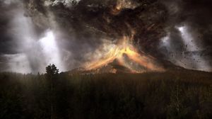 Preview wallpaper volcano, eruption, cataclysm, accident, lava, smoke, birds, art