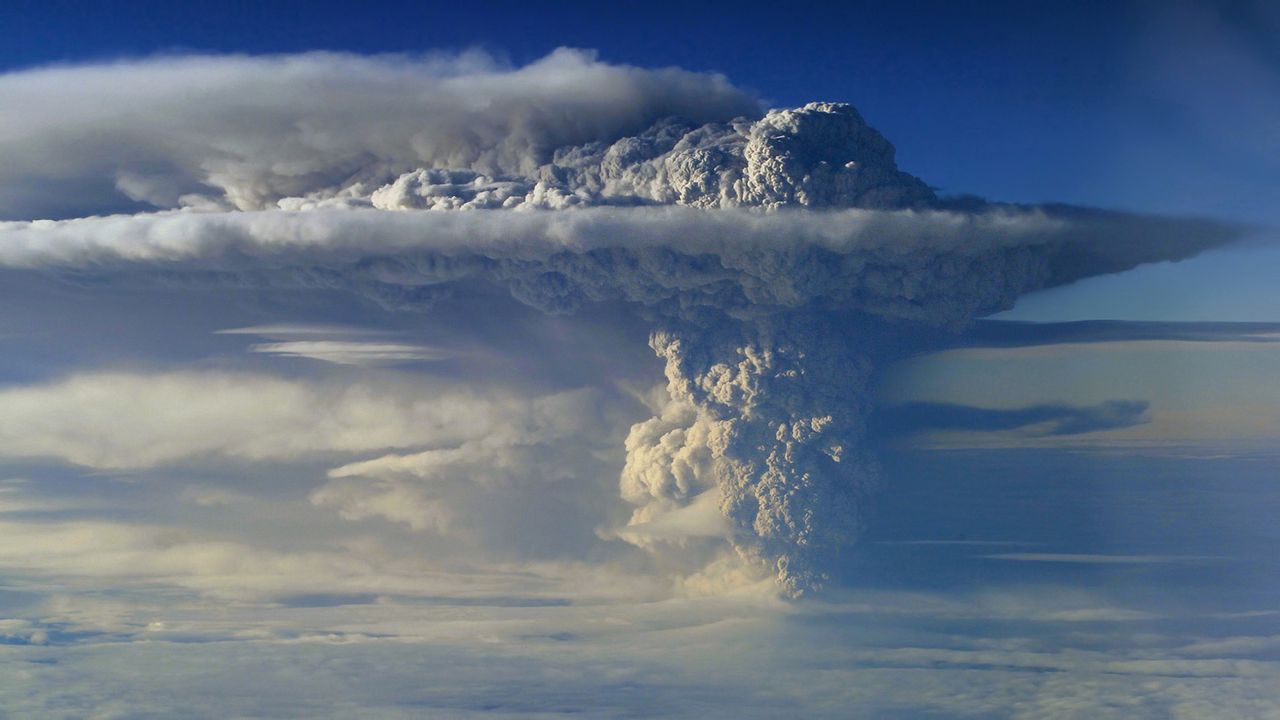 Wallpaper volcano, eruption, sky, smoke, column, clouds, height