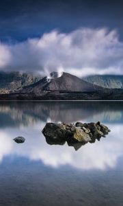 Preview wallpaper volcano, lake, stones, landscape