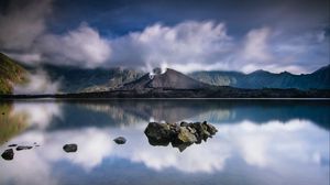 Preview wallpaper volcano, lake, stones, landscape