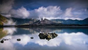 Preview wallpaper volcano, lake, stones, landscape