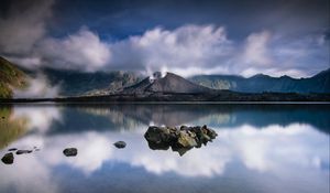 Preview wallpaper volcano, lake, stones, landscape