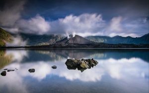 Preview wallpaper volcano, lake, stones, landscape