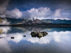 Preview wallpaper volcano, lake, stones, landscape