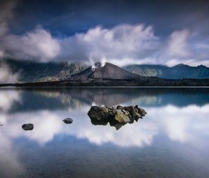 Preview wallpaper volcano, lake, stones, landscape