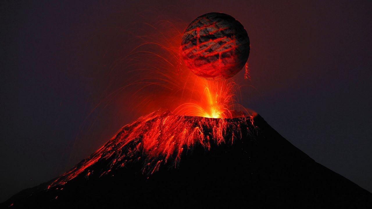 Wallpaper volcano, lava, sparks, balloon
