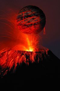 Preview wallpaper volcano, lava, sparks, balloon