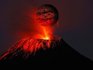 Preview wallpaper volcano, lava, sparks, balloon