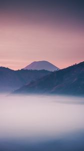 Preview wallpaper volcano, mountain, fog, dusk, landscape