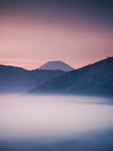 Preview wallpaper volcano, mountain, fog, dusk, landscape