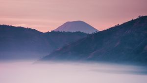 Preview wallpaper volcano, mountain, fog, dusk, landscape