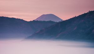 Preview wallpaper volcano, mountain, fog, dusk, landscape