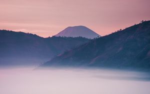 Preview wallpaper volcano, mountain, fog, dusk, landscape
