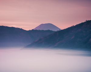 Preview wallpaper volcano, mountain, fog, dusk, landscape