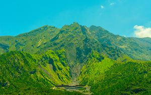 Preview wallpaper volcano, mountain, trees, grass, green, japan