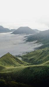 Preview wallpaper volcano, mountains, clouds, fog, landscape