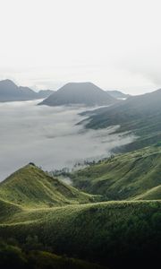 Preview wallpaper volcano, mountains, clouds, fog, landscape