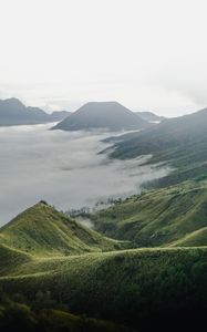 Preview wallpaper volcano, mountains, clouds, fog, landscape