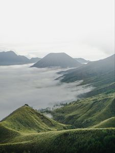 Preview wallpaper volcano, mountains, clouds, fog, landscape