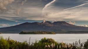 Preview wallpaper volcano, mountains, grass, sea