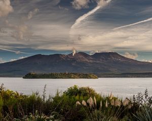 Preview wallpaper volcano, mountains, grass, sea