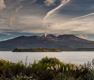 Preview wallpaper volcano, mountains, grass, sea