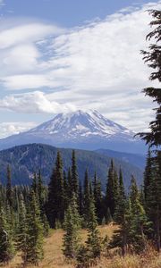 Preview wallpaper volcano, peak, clouds, spruce, trees, hills