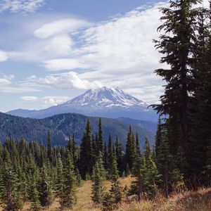 Preview wallpaper volcano, peak, clouds, spruce, trees, hills