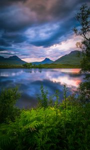 Preview wallpaper volcano, peaks, fern, lake