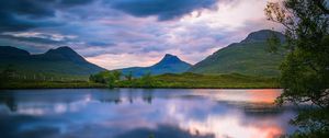 Preview wallpaper volcano, peaks, fern, lake