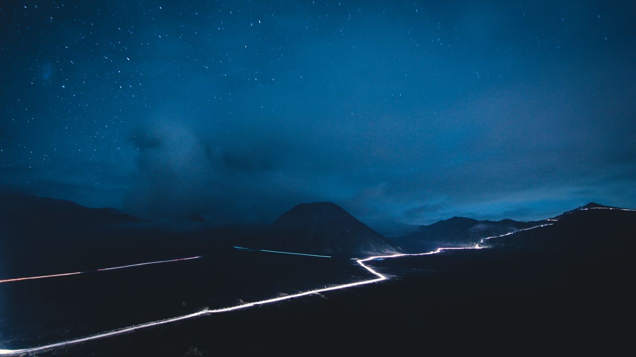 Wallpaper volcano, road, glow, night, starry sky
