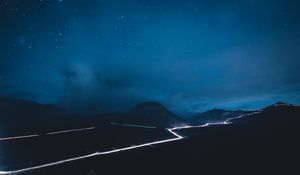 Preview wallpaper volcano, road, glow, night, starry sky